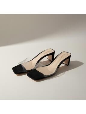 Schutz Clear Strap Mule Heels 8.5 Square Toe Minimalist Leather
